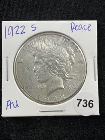 1922 S AU Peace Silver Dollar Coin