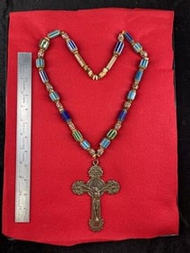 Trade Necklace with Exceptional Chevron Beads and Cross Riker Frame IS Included Indian Artifact