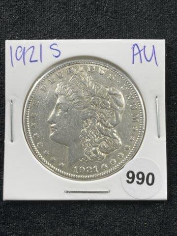 1921 S AU Morgan Silver Dollar Coin: KEY WORDS: INDIAN ARTIFACT ARTIFACTS ARROWHEAD ARROWHEADS NATIVE AMERICAN MISSISSIPPIAN QUAPAW CADDO POTTERY COINS MORGAN Dollar Coin PEACE Dollar Coin SILVER COINS Arkansas. Now taking in consignment