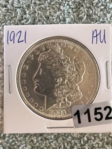 1921 AU Morgan Silver Dollar: KEY WORDS: INDIAN ARTIFACT ARTIFACTS ARROWHEAD ARROWHEADS NATIVE AMERICAN MISSISSIPPIAN QUAPAW CADDO POTTERY COINS MORGAN Dollar Coin PEACE Dollar Coin SILVER COINS Arkansas. Now taking in consignment