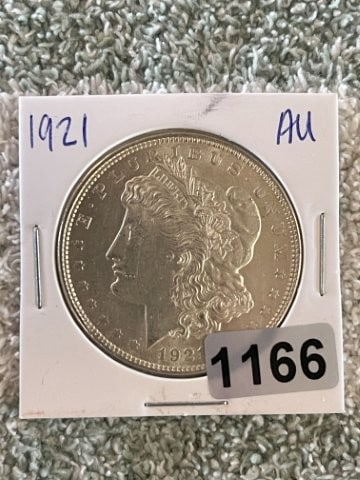 1921 AU Morgan Silver Dollar: KEY WORDS: INDIAN ARTIFACT ARTIFACTS ARROWHEAD ARROWHEADS NATIVE AMERICAN MISSISSIPPIAN QUAPAW CADDO POTTERY COINS MORGAN Dollar Coin PEACE Dollar Coin SILVER COINS Arkansas. Now taking in consignment