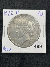1922 D AU Peace Silver Dollar Coin