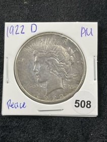 1922 D AU Peace Silver Dollar Coin