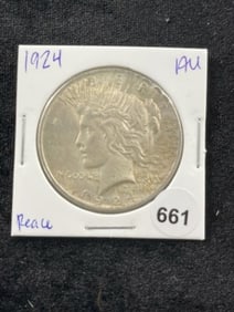 1924 AU Peace Silver Dollar Coin