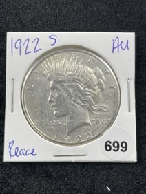 1922 S AU Peace Silver Dollar Coin