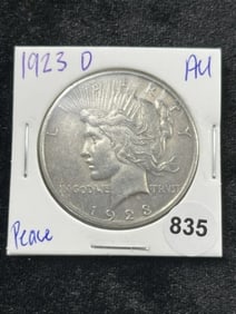 1923 D AU Peace Silver Dollar Coin