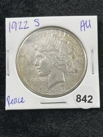 1922 S AU Peace Silver Dollar Coin