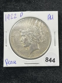 1922 D AU Peace Silver Dollar Coin