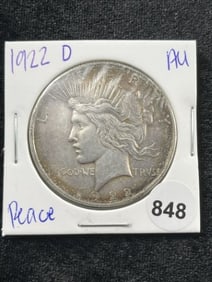 1922 D AU Peace Silver Dollar Coin