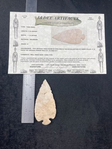 3 & 3/4" Tang Knife with John Royster COA from Ohio ex - Harry Folks Indian Artifact Arrowhead
