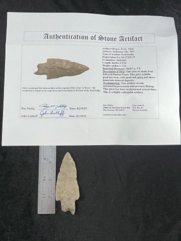 3 & 9/16" Pedernales with Roy Motley COA from Bell County, Texas Indian Artifact Arrowhead (1 of 5)