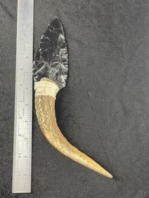 Obsidian Hafted Blade with Deer Antler Handle Indian Artifact Arrowhead