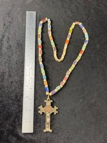 Trade Bead Necklace with Indian Head Penny with Cross Pendant