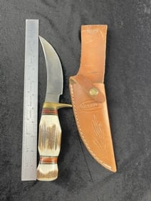 11" Marbles Pakistan Hand Made Knife with Bone Handle and Leather Sheath Indian Artifact Arrowhead