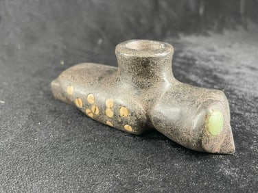 5" Stone Hawk Effigy Pipe with Shell and Jade Enlay Indian Artifact Arrowhead