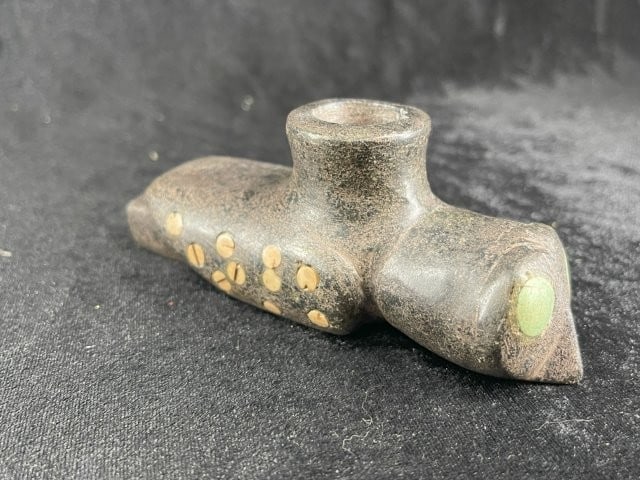 5" Stone Hawk Effigy Pipe with Shell and Jade Enlay Indian Artifact Arrowhead (1 of 6)