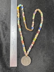 Chevron Bead Trade Necklace with 1889 Centanional of our Nation Trade Metal