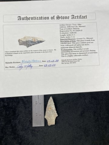 Dickson with Roy Motley COA from Greene County, Missouri Indian Artifact Arrowhead (1 of 1)