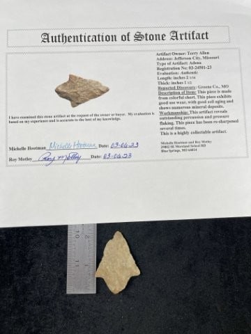 Adena with Roy Motley COA from Greene County, Missouri Indian Artifact Arrowhead (1 of 1)