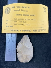 San Gabriel Biface Knife with Caddo Trading Company Museum Card from Hunt County, Texas Indian