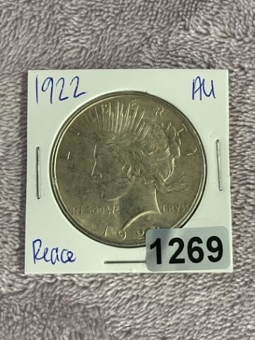 1922 AU Peace Silver Dollar Coin: KEY WORDS: INDIAN ARTIFACT ARTIFACTS ARROWHEAD ARROWHEADS NATIVE AMERICAN MISSISSIPPIAN QUAPAW CADDO POTTERY COINS MORGAN DOLLAR PEACE DOLLAR SILVER COINS Arkansas. Now taking in consignments for pre-