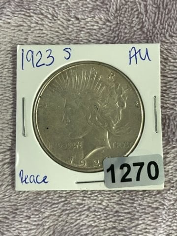 1923 S AU Peace Silver Dollar Coin: KEY WORDS: INDIAN ARTIFACT ARTIFACTS ARROWHEAD ARROWHEADS NATIVE AMERICAN MISSISSIPPIAN QUAPAW CADDO POTTERY COINS MORGAN DOLLAR PEACE DOLLAR SILVER COINS Arkansas. Now taking in consignments for pre-