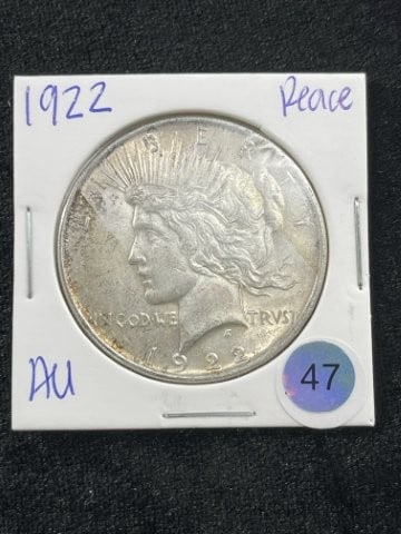 1922 AU Peace Silver Dollar Coin: KEY WORDS: INDIAN ARTIFACT ARTIFACTS ARROWHEAD ARROWHEADS NATIVE AMERICAN MISSISSIPPIAN QUAPAW CADDO POTTERY COINS MORGAN DOLLAR PEACE DOLLAR SILVER COINS Arkansas. Now taking in consignments for pre-