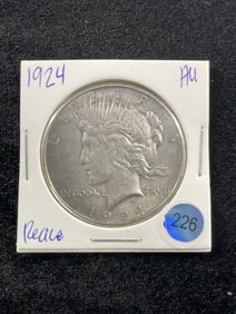 1924 AU Peace Silver Dollar Coin