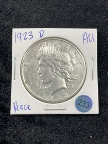 1923 D AU Peace Silver Dollar Coin