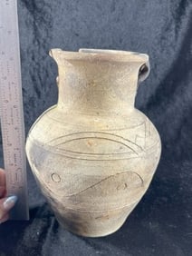 Engraved Pottery Vessel with nice fire marks broken & glued Indian Artifact Arrowhead