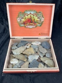 Wooden Cigar Box with Arrowheads, Scrapers, Blades, etc Indian Artifact Arrowhead