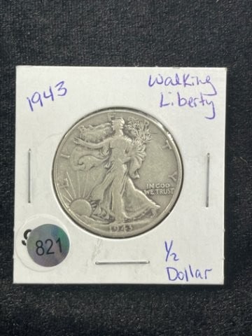 1943 Walking Liberty Half Dollar Coin: KEY WORDS: INDIAN ARTIFACT ARTIFACTS ARROWHEAD ARROWHEADS NATIVE AMERICAN MISSISSIPPIAN QUAPAW CADDO POTTERY COINS MORGAN DOLLAR PEACE DOLLAR SILVER COINS Arkansas. Now taking in consignments for pre-