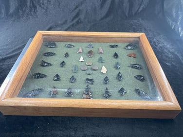 Frame of Obsidian Arrowheads, etc Indian Artifact Arrowhead