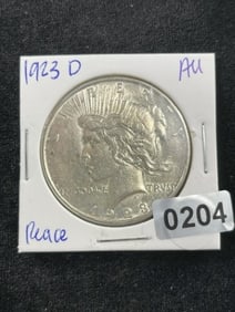 1923 D AU Peace Silver Dollar Coin
