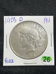1923 D AU Peace Silver Dollar Coin