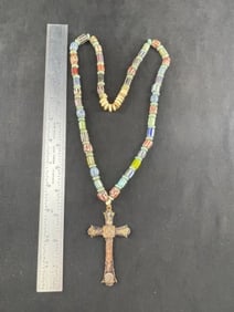Cross Pendant with Trade Bead Necklace Indian Artifact Arrowhead
