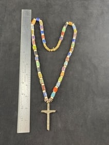 Cross Pendant with Trade Bead Necklace Indian Artifact Arrowhead