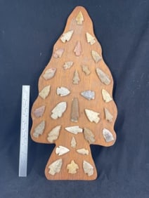 Group of very nice Arrowheads glued on wooden board in shape of Arrowhead Indian Artifact Arrowhead