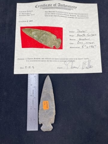 Dovetail with Thomas Matthews COA from Fayette County, Ohio Indian Artifact Arrowhead: KEY WORDS: INDIAN ARTIFACT ARTIFACTS ARROWHEAD ARROWHEADS NATIVE AMERICAN MISSISSIPPIAN QUAPAW CADDO POTTERY COINS MORGAN DOLLAR PEACE DOLLAR SILVER COINS Arkansas. Now taking in consignments for pre-