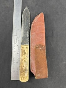 Hand Made Bone Handle knife well made leather Scabbard