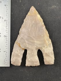 Bell point - Large for the type, with broken and glued ear. Grey banded chert. Uvalde Co. Ex- Delk