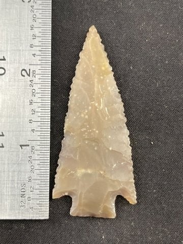 Ensor point - highly serrated, light brown root beer, translucent flint. Bell Co, Ex- Delk: KEY WORDS: INDIAN ARTIFACT ARTIFACTS ARROWHEAD ARROWHEADS NATIVE AMERICAN MISSISSIPPIAN QUAPAW CADDO POTTERY COINS MORGAN DOLLAR PEACE DOLLAR SILVER COINS Arkansas. Now taking in consignments for pre-