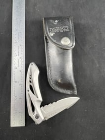 Buck Pocket Knife with leather Scabbard Indian Artifact Arrowhead