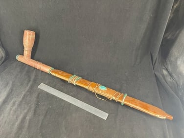 Stone Pipe with Large Wooden Pipe Stem with Turquoise Indian Artifact Arrowhead