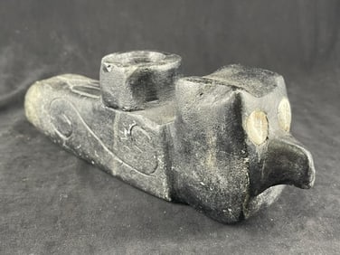 Large Owl Effigy Stone Pipe with Shell Inlayed Eyes Indian Artifact Arrowhead