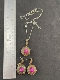 925 Sterling Necklace & Earing Set with one jewel missing