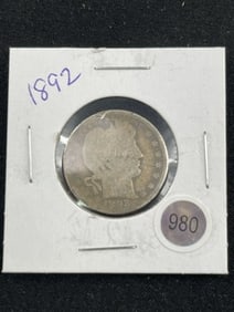1892 Barber Quarter Dollar Coin