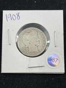 1908 Barber Quarter Dollar Coin