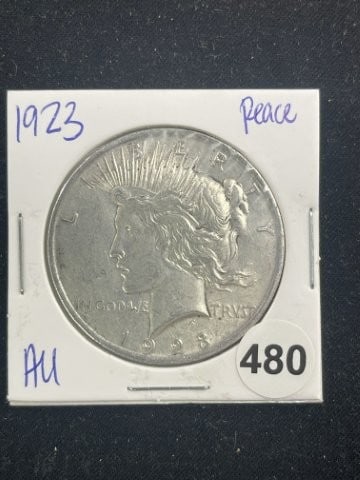1923 Peace Silver Dollar Coin: KEY WORDS: INDIAN ARTIFACT ARTIFACTS ARROWHEAD ARROWHEADS NATIVE AMERICAN MISSISSIPPIAN QUAPAW CADDO POTTERY COINS MORGAN DOLLAR PEACE DOLLAR SILVER COINS Arkansas. Now taking in consignments for pre-