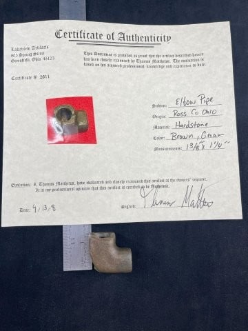 Elbow Pipe with Thomas Matthews COA from Ross County, Ohio Indian Artifact Arrowhead (1 of 8)